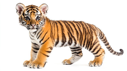 Obraz premium Young Tiger Cub Standing on White Background with Detailed Fur Texture and Natural Lighting