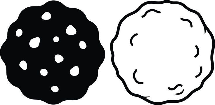 Outlined cookie illustration, snack with chocolate chips and textured surface detail