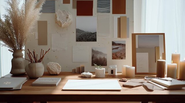 A desk with a white board and a wall of pictures. The desk is cluttered with various items such as vases. Modern wedding planning concept, minimal desk setup, mood board elements, idea natural light 