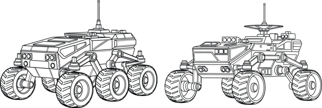 Outlined futuristic rover vehicle illustrations, multiwheeled with antenna, ideal for science projects or coloring books