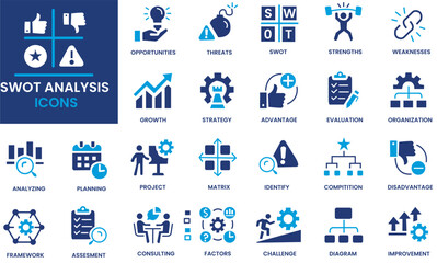 SWOT analysis icon set. Meaning strengths, weaknesses, opportunities, and threats. Containing advantage, disadvantage, strategy, consulting, identify, project. Outline icons vector collection
