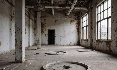 Abandoned factory decay interior, desolate empty hall with peeling paint columns and large industrial windows, urban exploration ruins.