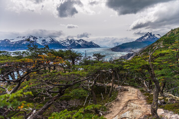Impressive outlook on Grey Glacier from Paine Grande to Refugio Grey, along lake grey in Torres Del Paine national park, Patagonia, Chile.