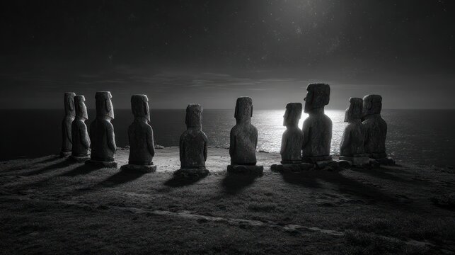 Mystical Moai Statues under a Starry Night Sky by the Ocean - Ethereal Scenic Landscape