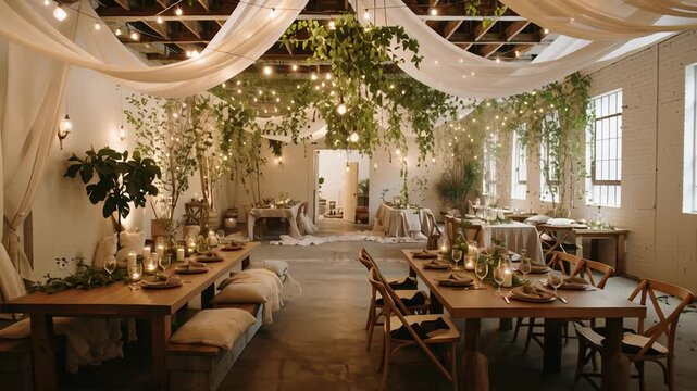 A large room with tables and chairs, and a lot of greenery. The tables are set with plates and candles. Nature inspired sustainable wedding decor, linen fabrics, subtle greenery, airy lighting