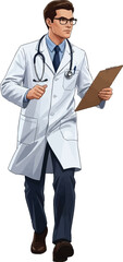 Fototapeta premium Confident young male doctor wearing glasses lab coat and stethoscope holding clipboard isolated on transparent background