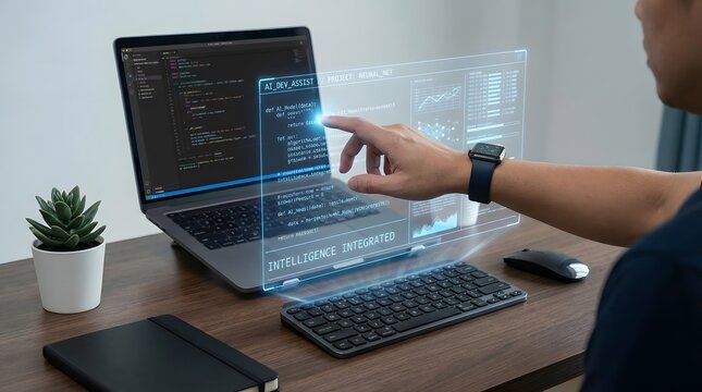 Person interacting with a futuristic holographic interface displaying code and data on a laptop in a modern workspace - Powered by Adobe