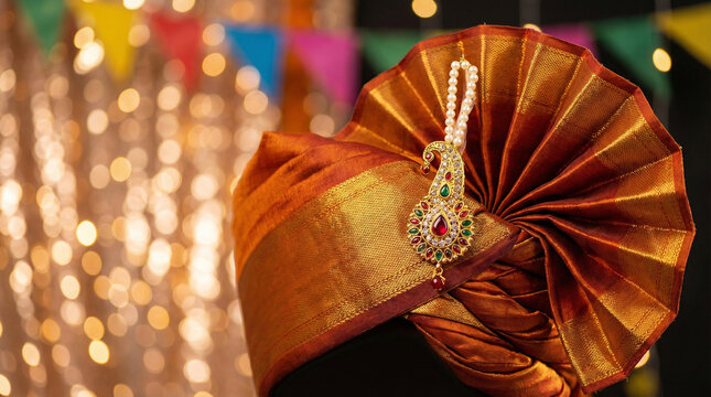 Traditional Maharashtrian Turban (Pheta) with Jewel Embellishment and Festive Lights
