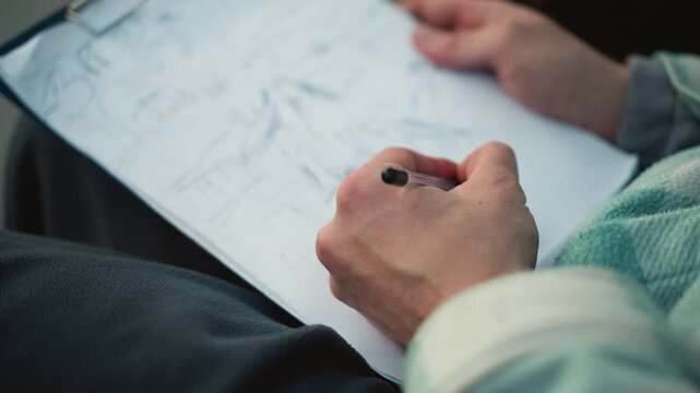 hiker sketching mountain landscape on board, closeup of hands holding pencil and paper on lap, wearing cozy jacket, soft natural light, detailed strokes and travel notes capturing serene outdoor