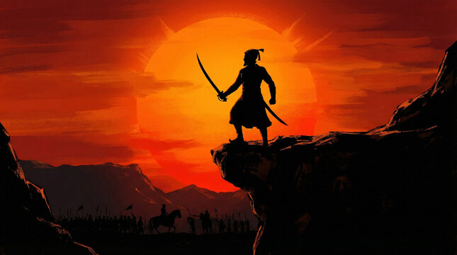 Chhatrapati Shivaji Maharaj Silhouette Standing on Cliff Edge at Sunset