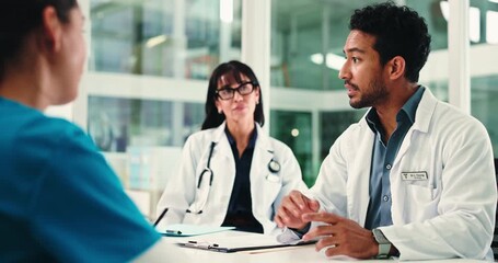 Laptop, planning and doctor in meeting with conversation, cooperation and healthcare. Medical people, discussion and team in hospital with tech, research and feedback for diagnosis or schedule