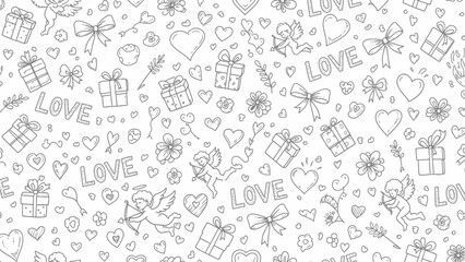 Romantic Hand Drawn Seamless Pattern with Love Themed Doodles and Elements.