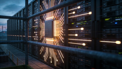Close-up of a server rack in a data center featuring a glowing circuit chip design, symbolizing advanced technology, great for innovation-focused content.