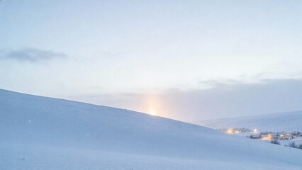 A tranquil snowy hillside at dawn with a distant village, perfect for winter travel brochures or serene landscapes.