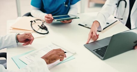 Tablet, hands or doctors with laptop at table, medical case review or patient test results discussion. People, teamwork or tech with healthcare report for brainstorming meeting, office or paperwork
