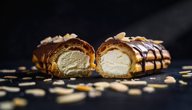 Chocolate glazed eclair halves with cream filling and almonds.