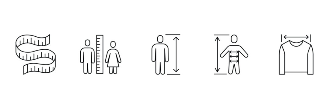 Body measurement, height scale, chest width, waist circumference, hip guide, shirt fit, tape tool, vector illustration icon set.