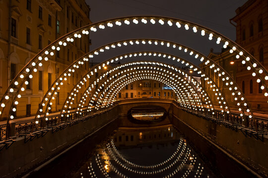 Street photography. Russia, Saint Petersburg, New Year's decoration of the embankment.