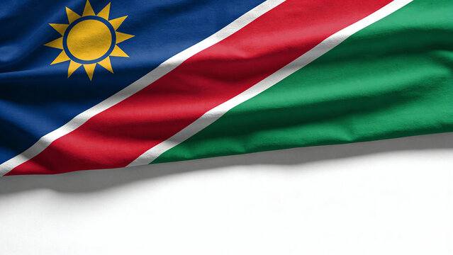 Close-up of the Namibian flag showcasing its fabric texture against a white backdrop, suitable for design projects or educational content.