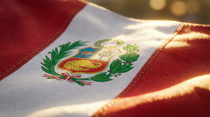 Close-up view of the Peruvian flag showcasing its coat of arms, perfect for educational materials or patriotic themes.