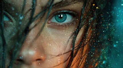 Captivating Close-Up of a Drenched Face with Sparkling Water Droplets
