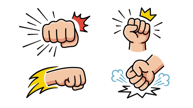 Set of four comic style fist punch vector illustrations. Powerful hand hitting with motion lines, impact effects, and speed elements. Cartoon isolated icons for stickers, badges, and logos.