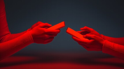 Digital Echoes: A pair of hands tenderly interacts, exchanging digital data in a world of radiant color, showcasing modern technological connectivity and shared virtual communication.