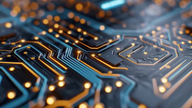 Abstract close-up of circuit traces with amber lights on dark board. Camera pans slowly as golden nodes twinkle, light streaks ripple along pathways, and warm bokeh drifts across.
