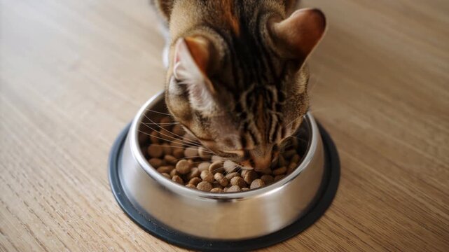 Close up of a tabby cat eating dry food from a metal bowl. Domestic pet feeding on kibble on a wooden floor. Animal nutrition and pet care concept