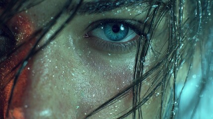 Intense Gaze: Capturing Emotions Through a Refreshing, Water-Drenched Close-Up Portrait