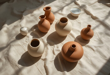 Minimal ceramic pottery arrangement in natural sunlight best for interior decor branding, handmade lifestyle, and earthy aesthetic concepts,sorry change this format of image 