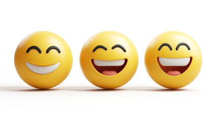 Fototapeta premium Three smiling emoji faces with different expressions on a white background in 3D rendering style