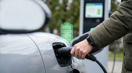 Electric Vehicle at Charging Station, Urban Environment, Close-Up Viewpoint on Sustainable Technology