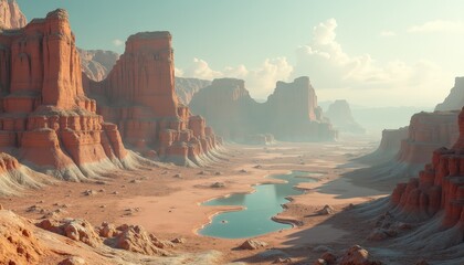 Vast arid desert canyon landscape with towering sandstone mesas and a serene blue lake under a bright sky