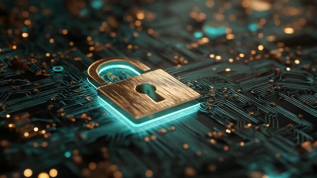 digital neon light lock symbol on screen, online network security and personal data security theme	
