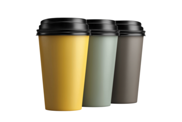 disposable coffee cups in yellow, green, and gray isolated on transparent background