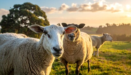Fototapeta premium Sheep standing in green grass field.