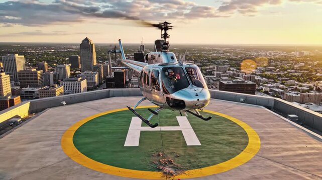 Silver helicopter landing on city rooftop helipad at sunset