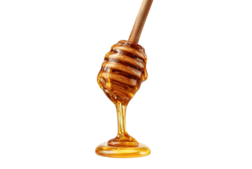 Drizzling honey with a wooden dipper isolated on transparent background