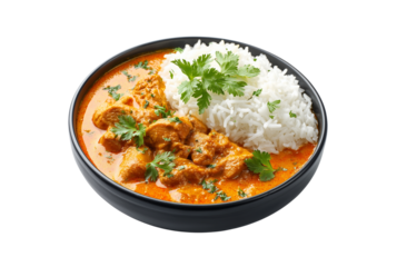 Delicious chicken curry with white rice isolated on transparent background