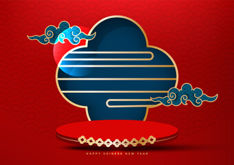 Festive red and gold Pedestal for product presentation on Lunar New Year and Chinese New Year. Vector illustration.
