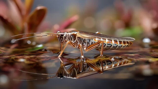 Detailed insect robot in water, macro shot, reflection