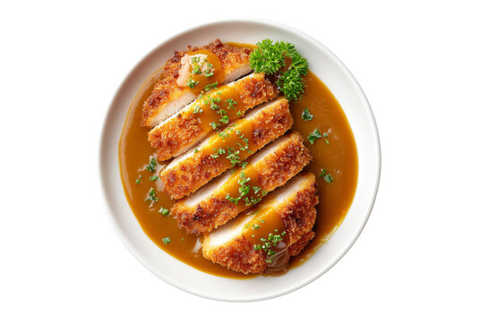 breaded chicken cutlet with curry sauce isolated on transparent background