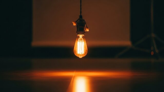 A vintage Edison bulb hangs lit, casting warm glow on a wooden floor in a dimly lit space - Powered by Adobe