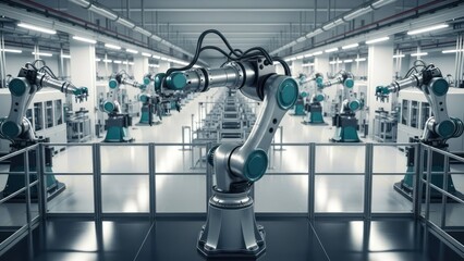 Automated factory interior; robotic arms perform manufacturing tasks