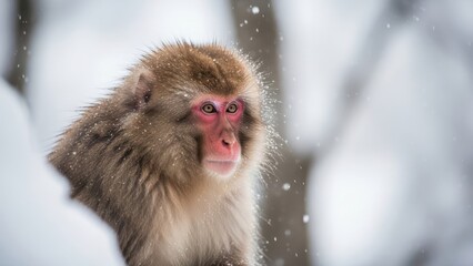 Close-up of a Japanese macaque monkey with red face and eyes, snowy blurred background
