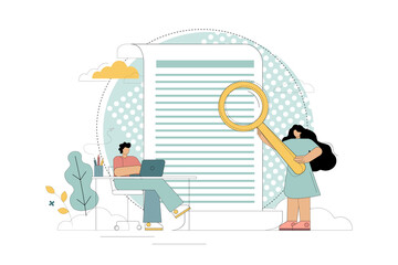 Signing a contract. Analysis, preparation, and review of documents. Man and woman examine the contract with a magnifying glass