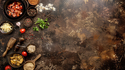 Cooking ingredients and utensils arranged on a rustic wooden table with fresh herbs and spices for meal preparation