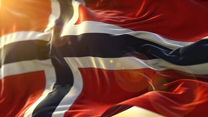 Detailed close-up of the Norwegian flag in motion, showcasing the fabric's texture and sunlight flares. Ideal for heritage and cultural presentations.