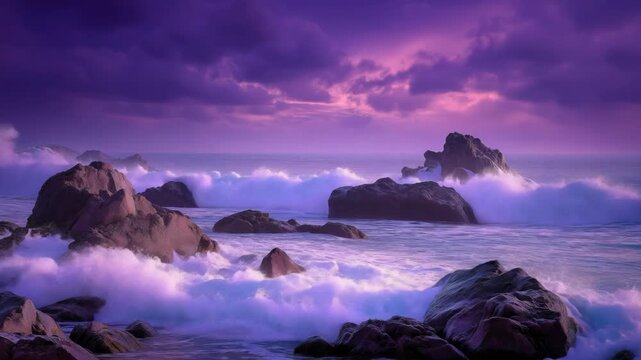 A dramatic view of a rough ocean beneath a pink and purple sky. Powerful waves surge and collide while soft pastel tones color the clouds above, creating a striking contrast between chaos and beauty